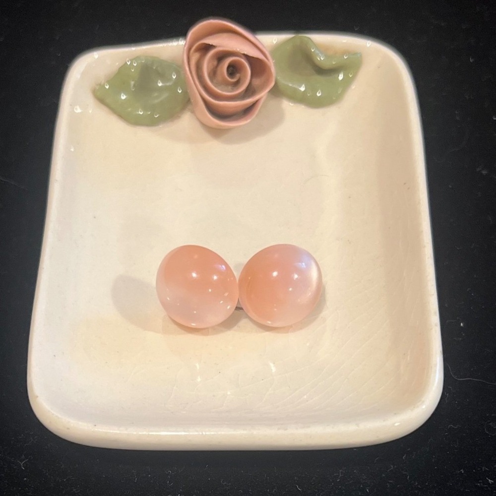 Vtg Mid Century Sterling 925 Pink Moon Glow Cat Eye Screw Back Earrings Retro